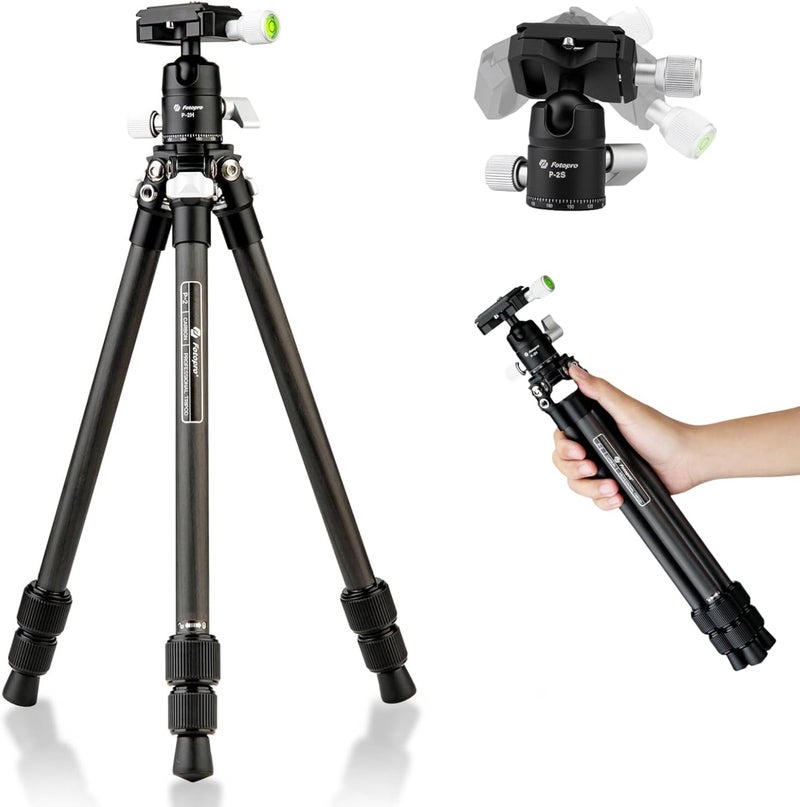 Fotopro حامل ثلاثي صغير من ألياف الكربون، حامل سفر خفيف الوزن ومضغوط مع رأس كروي بزاوية 360 درجة، لوحة QR لكاميرا كامكوردور حاملات ثلاثية صغيرة P-2 (P-2+P-2H) - Image 1